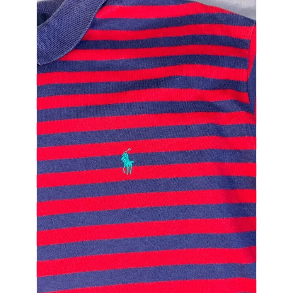 Polo by Ralph Lauren Polo Shirt Men XL Blue Red Stripe Collar High Low Slit Logo